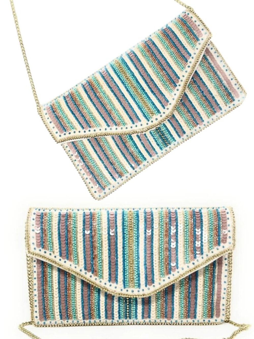 Surf Sand & Seaside Turquoise Beige Beaded Sequin Sparkle Clutch Crossbody Bag